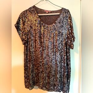 Calypso St. Barth Grey TOP w Matte Grey Blue Sequins Tee Shirt Blouse L